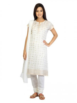 Vishudh Women Cream-Coloured Printed Churidar Kurta with Dupatta