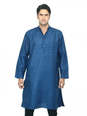 Fabindia Men Blue Matka Silk Kurta