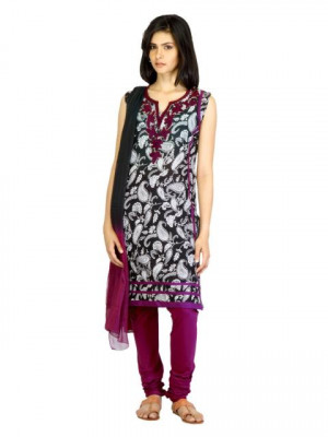 Vishudh Women Black & Purple Printed Churidar Kurta with Dupatta