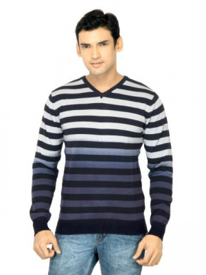 United Colors of Benetton Men Stripes Navy Blue Sweater