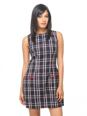 Femella Women Check Navy Blue Dress