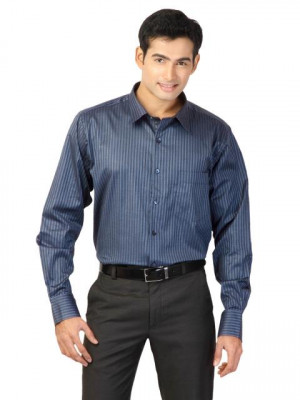 Genesis Men Stripes Navy Blue Shirts