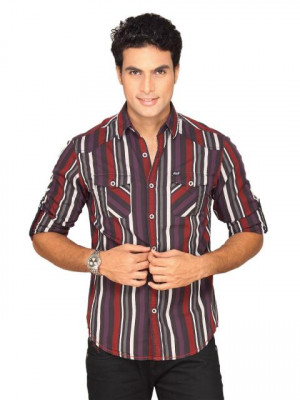 Locomotive Men Black Maroon Purple Stripe Shirt