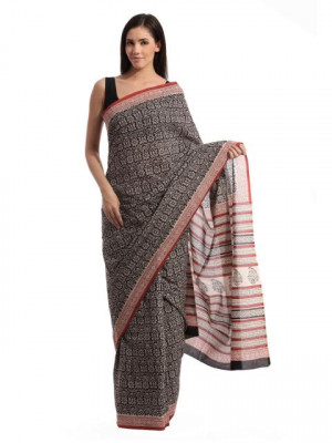 Fabindia H& Printed Black Cotton Sari