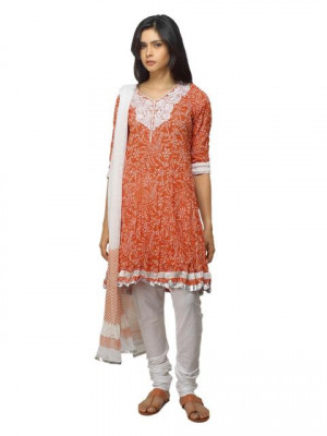 Biba Women Orange & White Printed Churidar Kurta with Dupatta